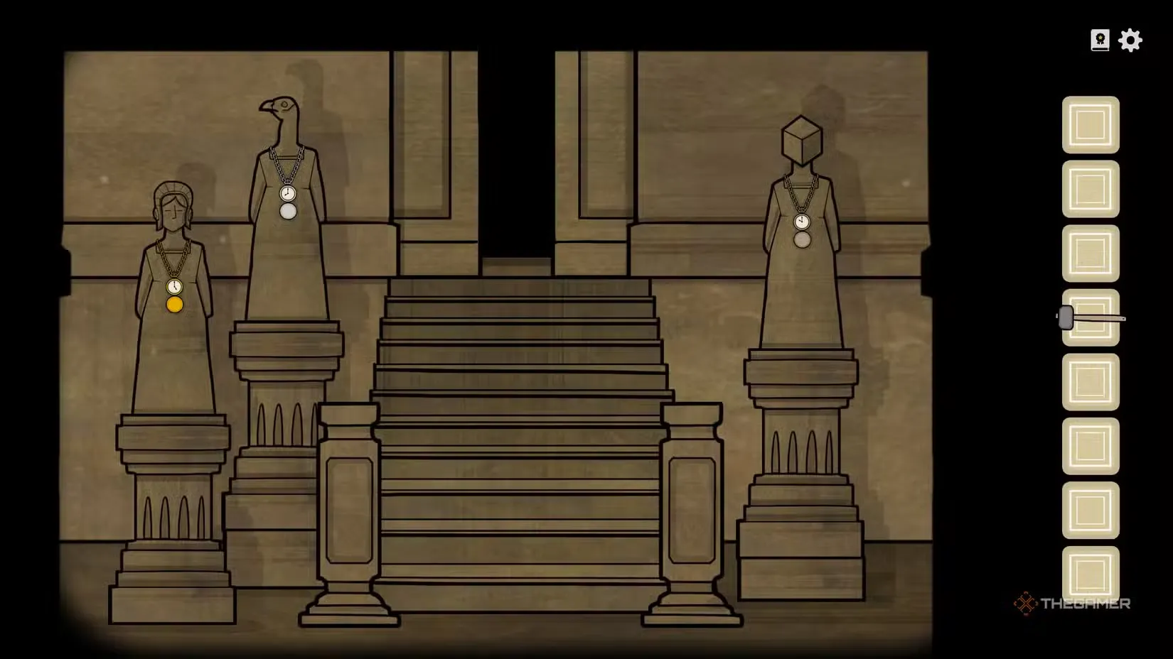 Statues with timepieces in Servant of the Lake.
