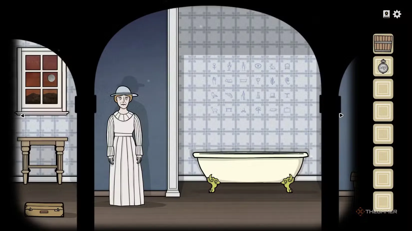 Alexandra in the bathroom in Servant of the Lake.